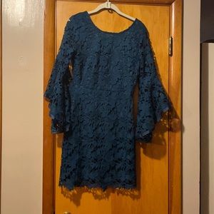 Teal She + Sky lace dress, sits at natural waist, flattering, bell sleeves